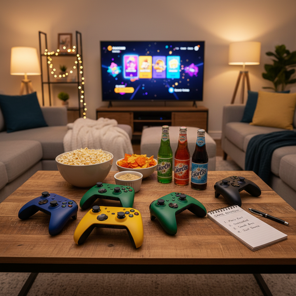 Console party game night setup with four controllers, snacks, and a simple game rotation list