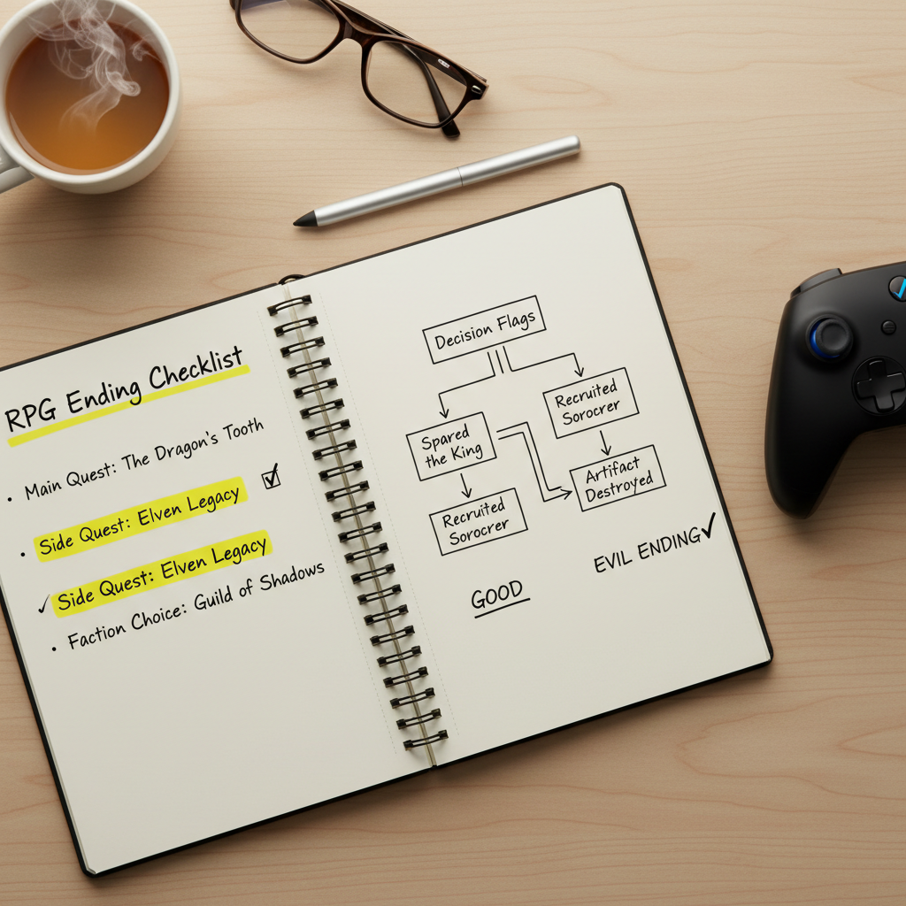 Notebook-style RPG ending checklist with quests and flags highlighted