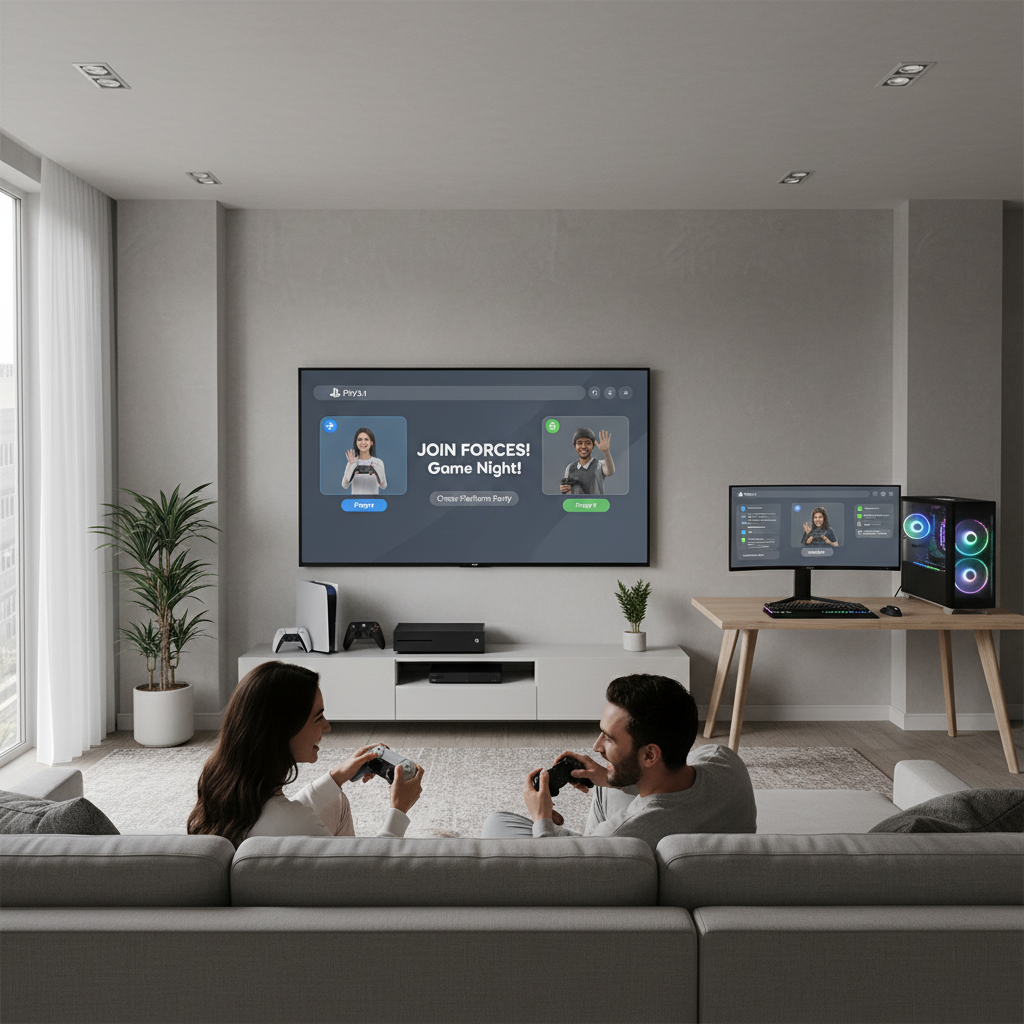 Cross platform gaming setup showing console and PC players joining the same party