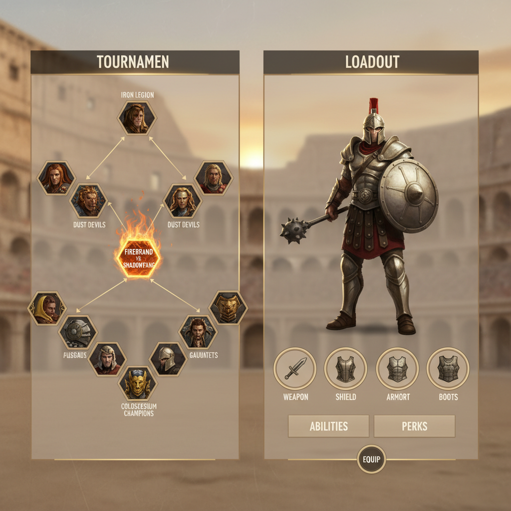 Game menu showing arena tournament bracket and loadout selection