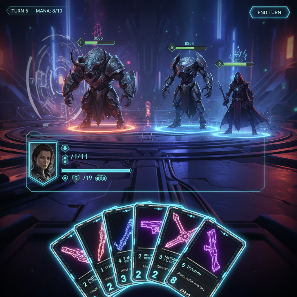 Card-based combat game battle scene with a hand of cards and enemies on screen