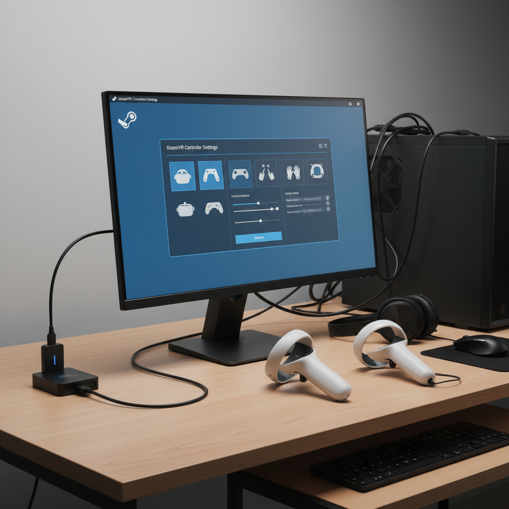 PC VR troubleshooting showing SteamVR controller settings and USB dongle placement