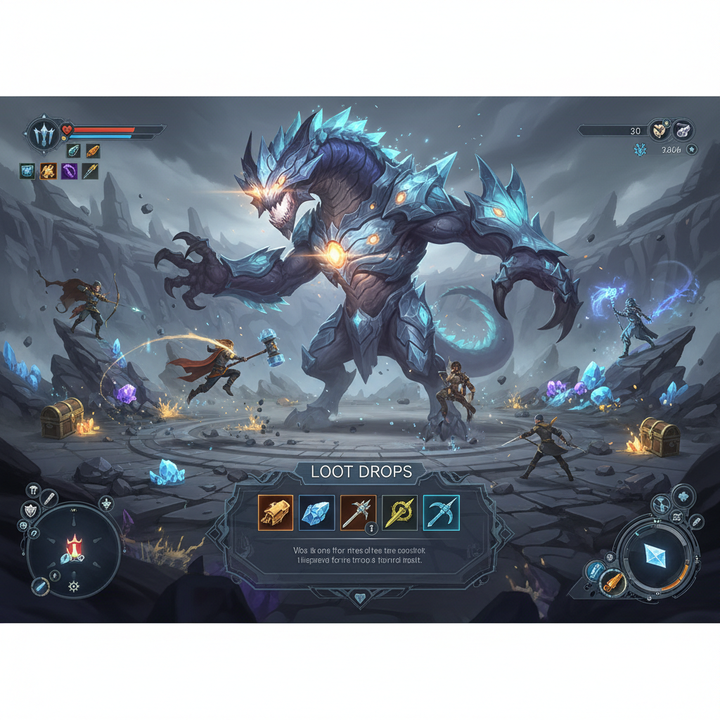 Co-op team fighting a giant magical beast for crafting loot