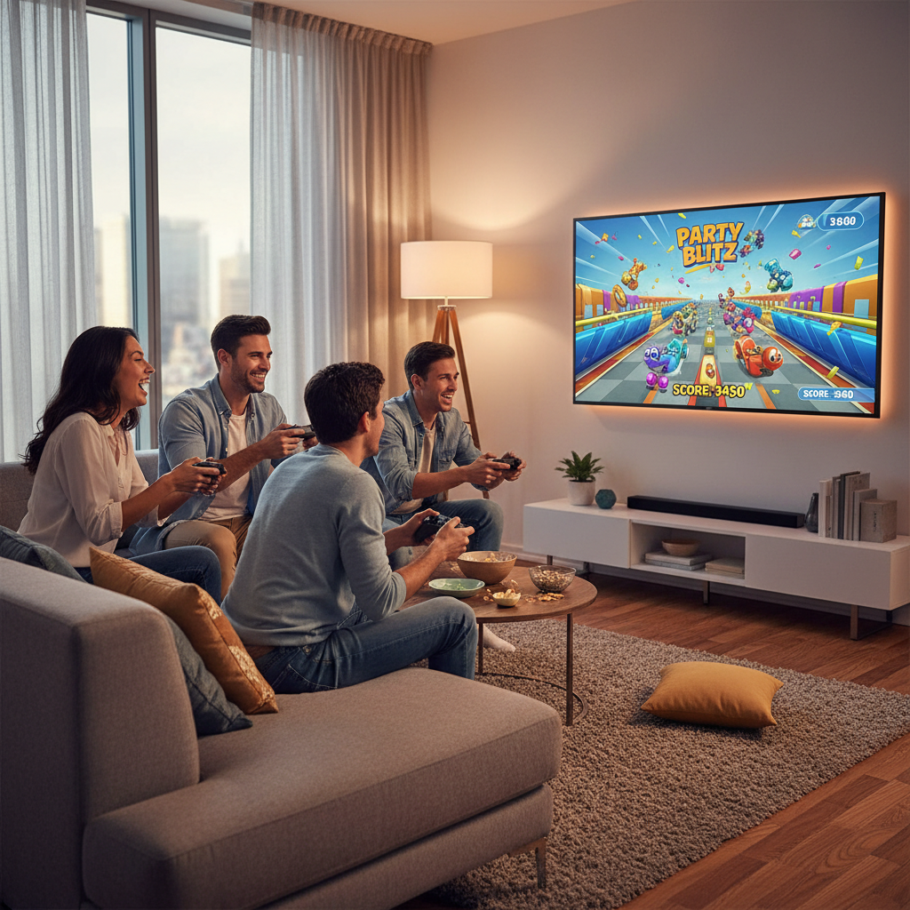 Four friends playing console party games on a living room couch