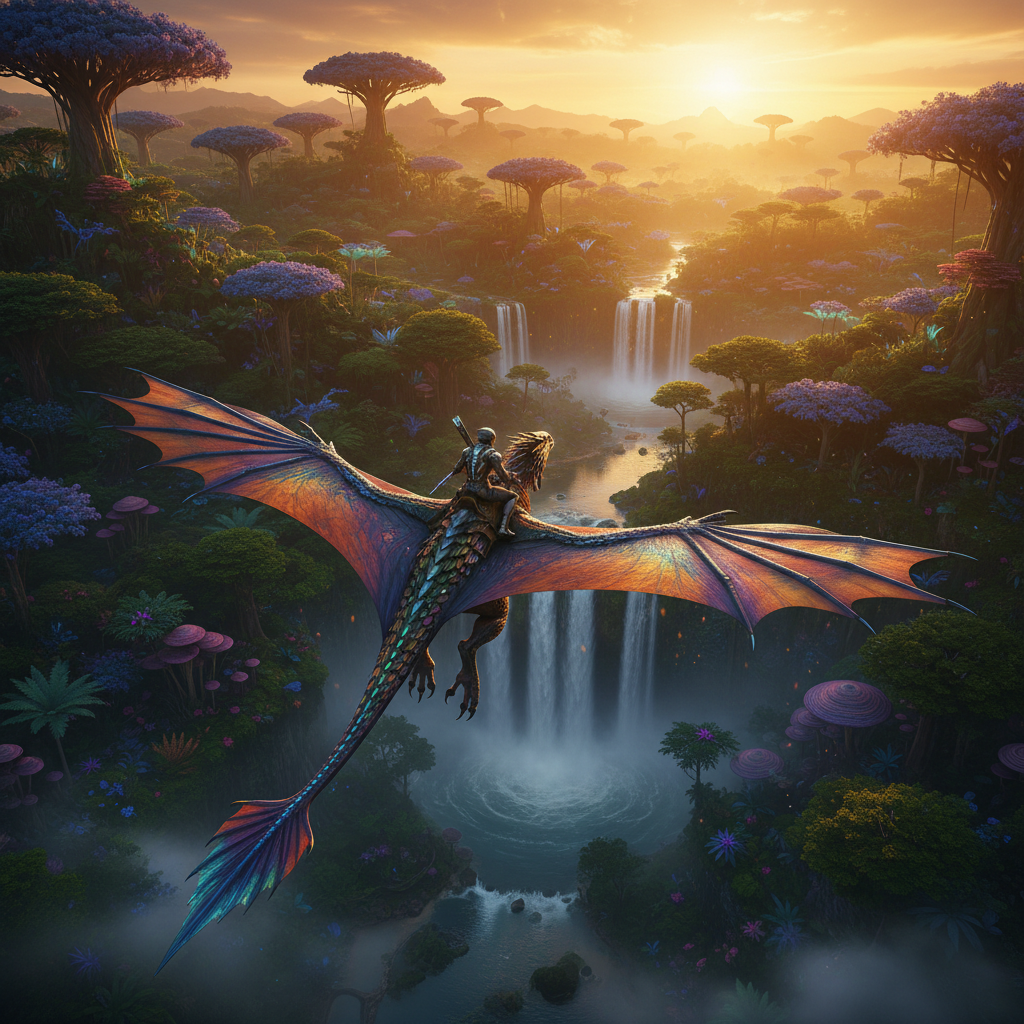 Cinematic flight over a lush alien rainforest with a flying mount