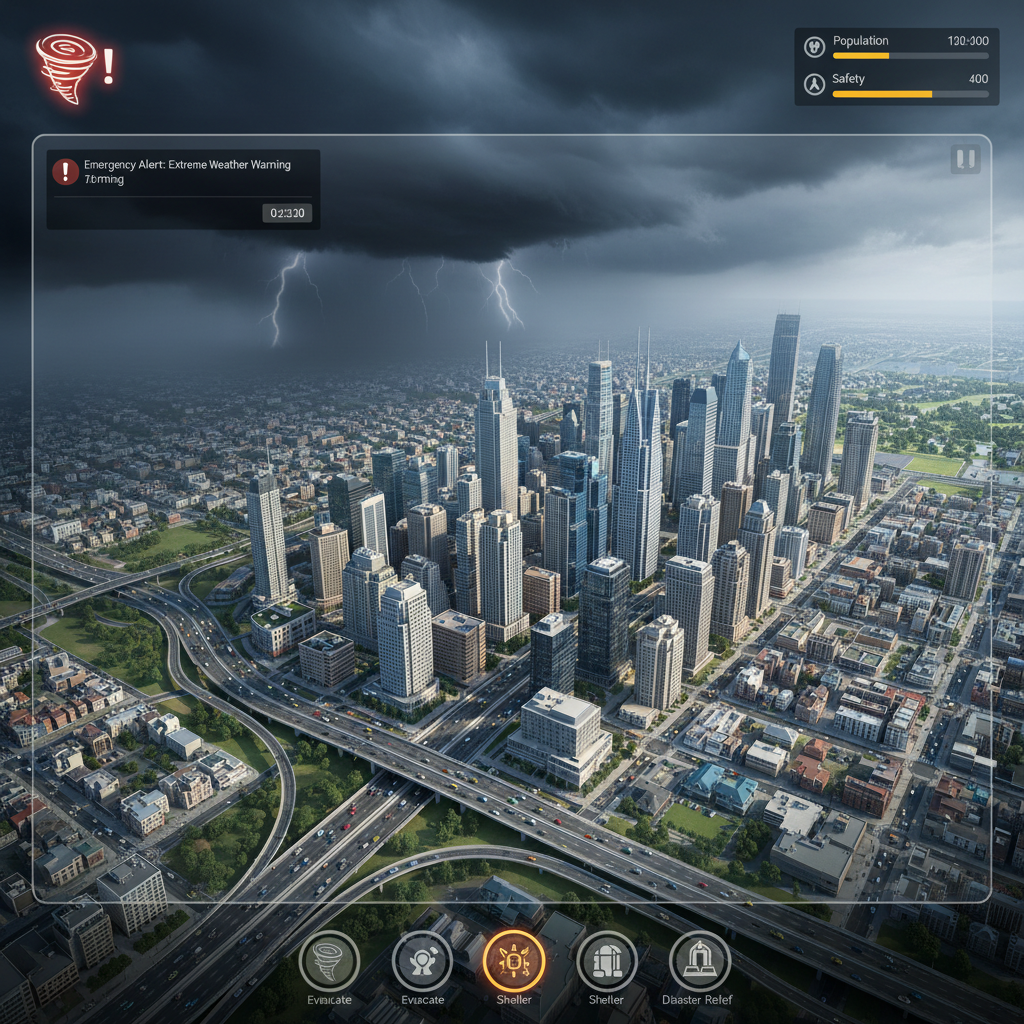 City builder gameplay scene with a downtown area facing a natural disaster