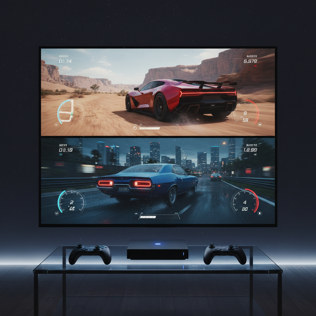 Split-screen racing game interface on a console showing two player views