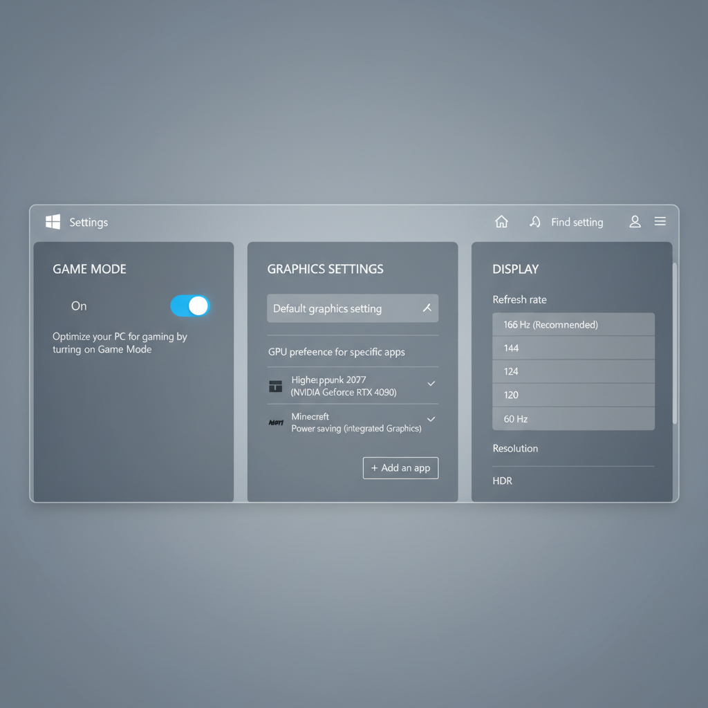 Windows gaming settings screen showing Game Mode, graphics settings, and refresh rate configuration