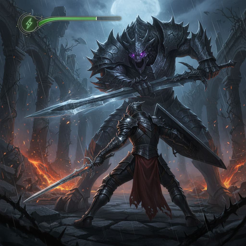 Souls-like combat moment showing stamina management and dodge timing