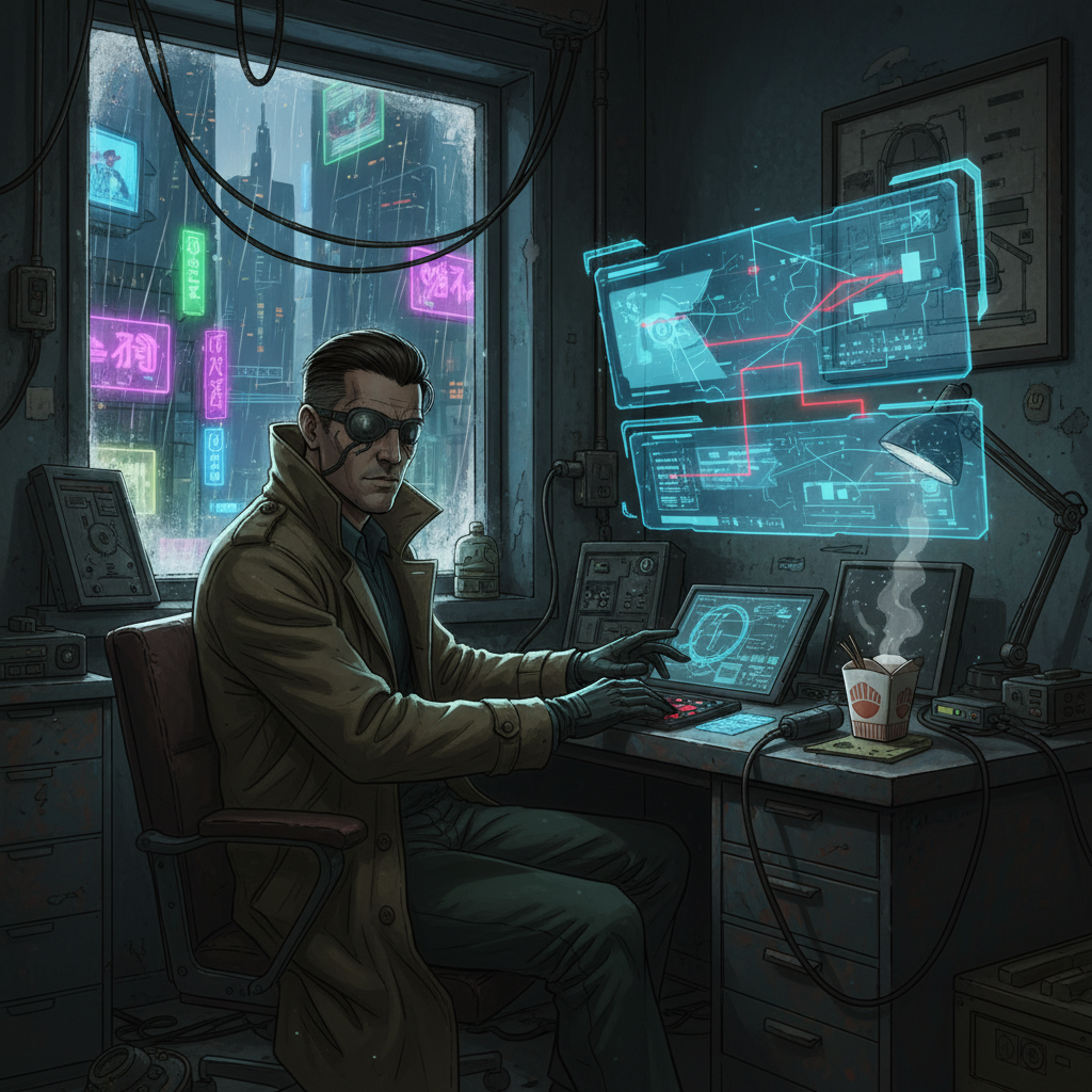 Cyberpunk detective analyzing holographic evidence in a cramped apartment office