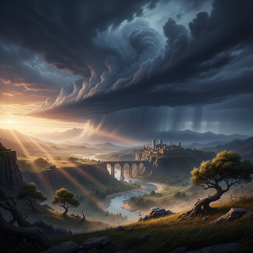 Open-world game landscape with approaching storm clouds and changing lighting
