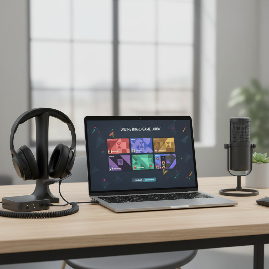 Laptop screen showing online board game lobby with voice chat setup