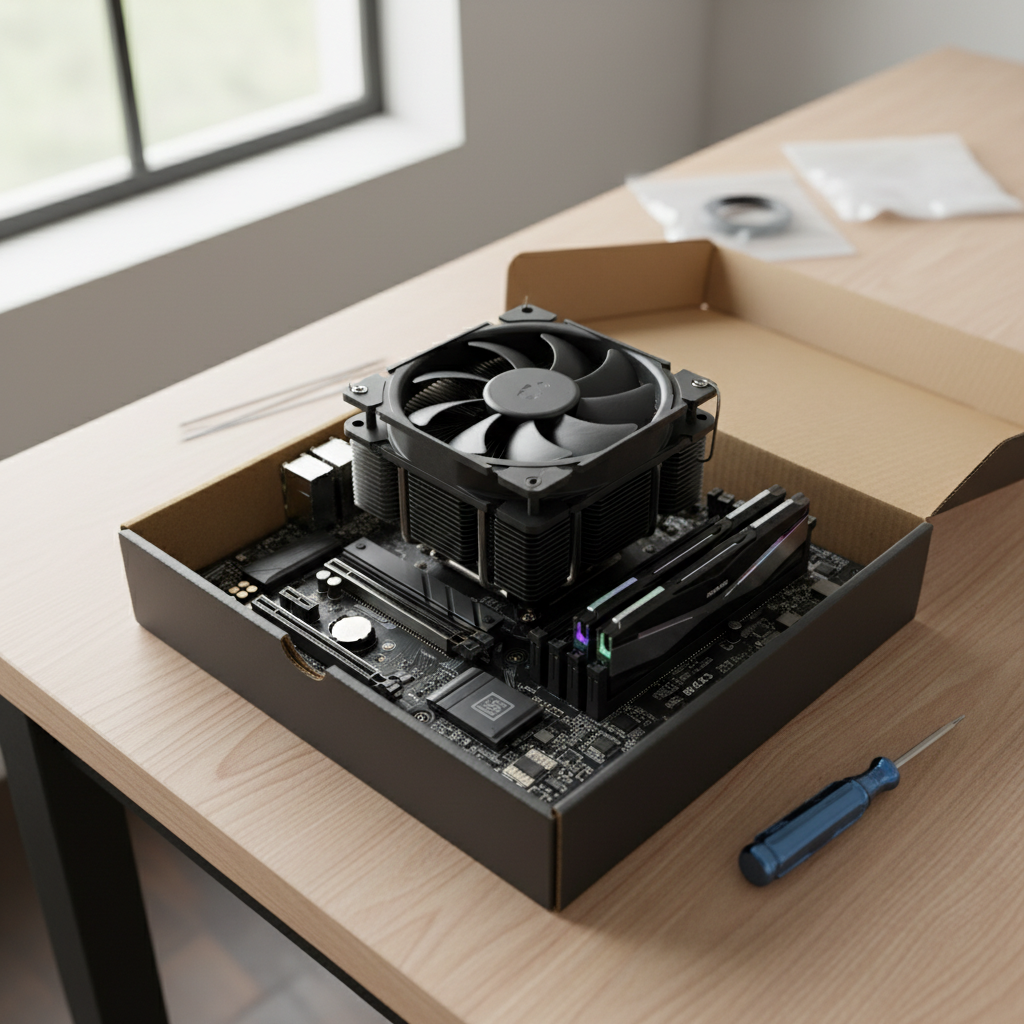 Motherboard test setup outside the case for a budget gaming PC build