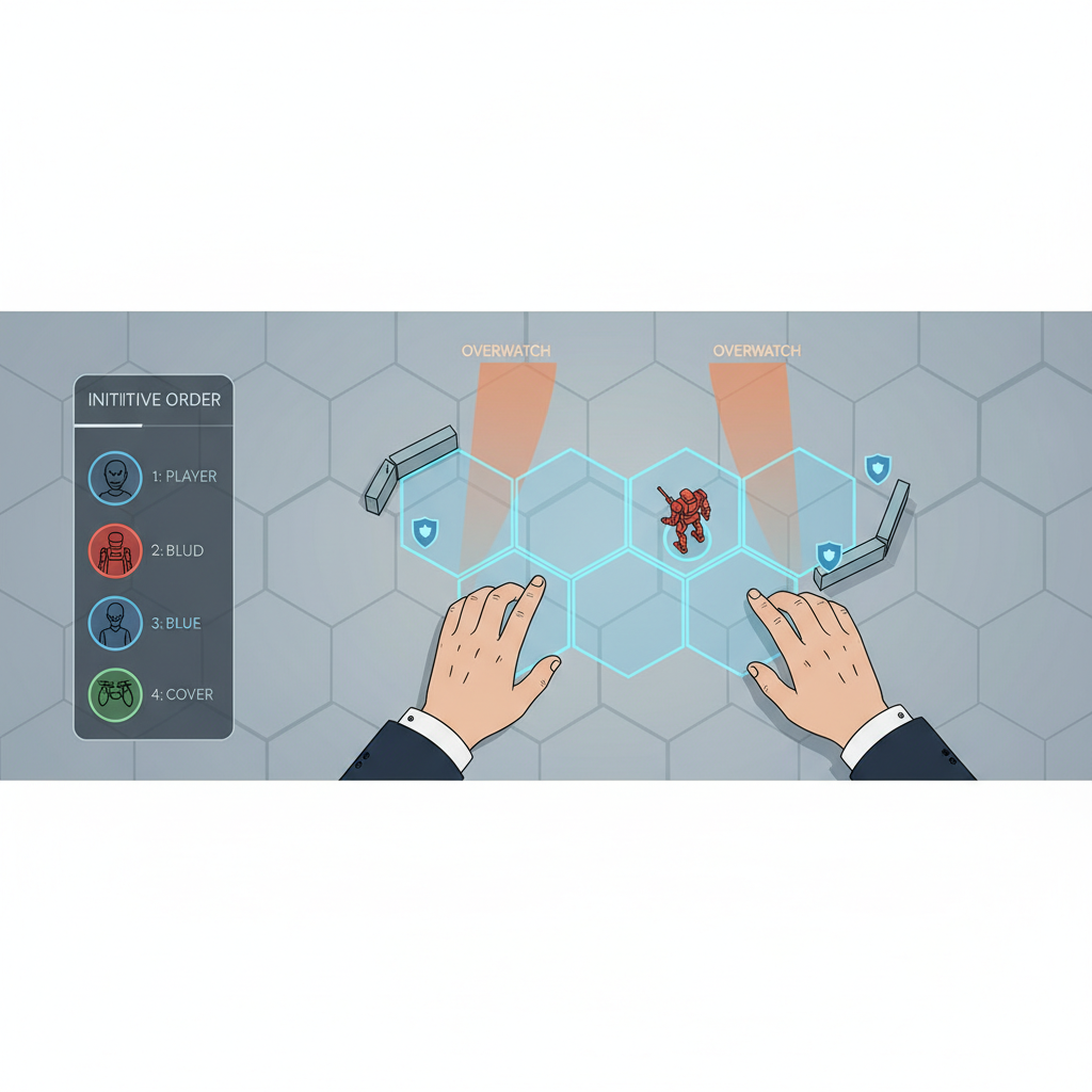 Player planning a tactical turn with movement tiles, overwatch arcs, and cover indicators