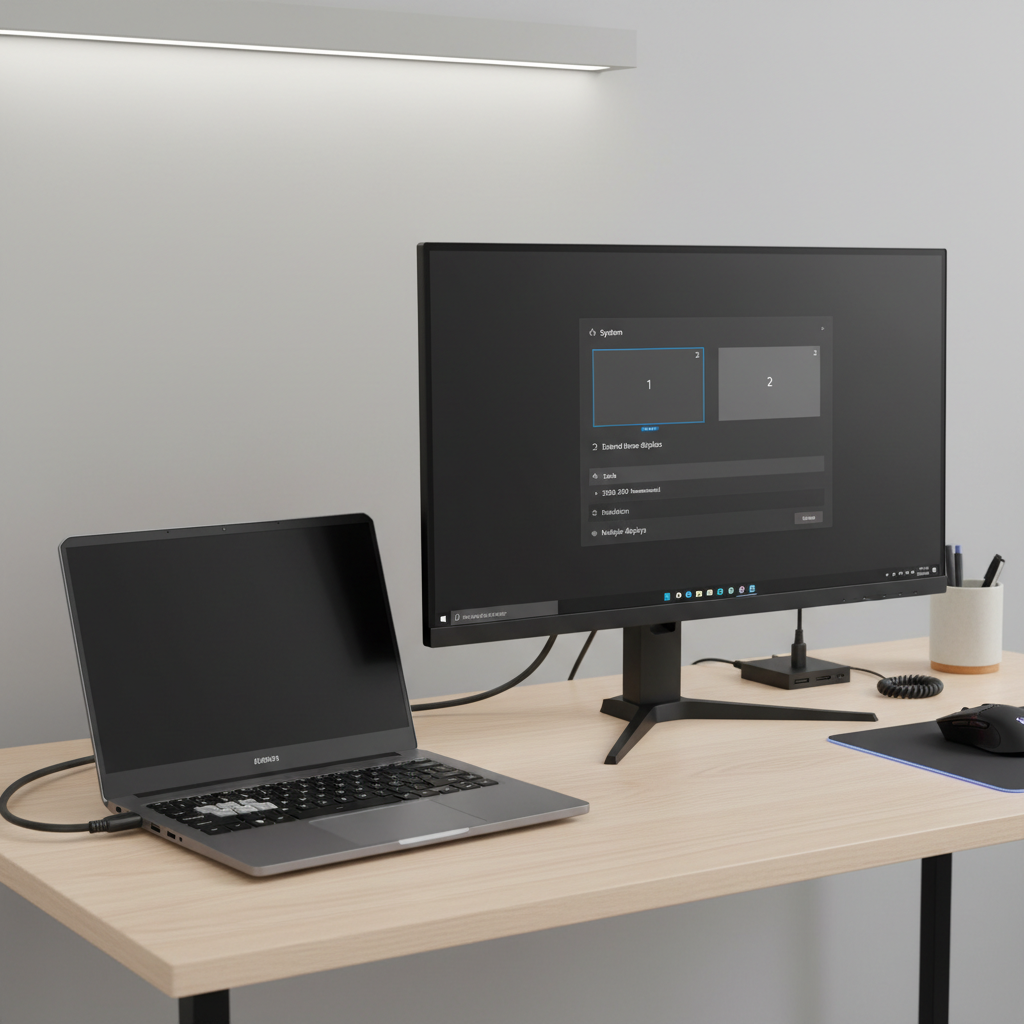 Gaming laptop connected to a 4K monitor showing Windows display settings
