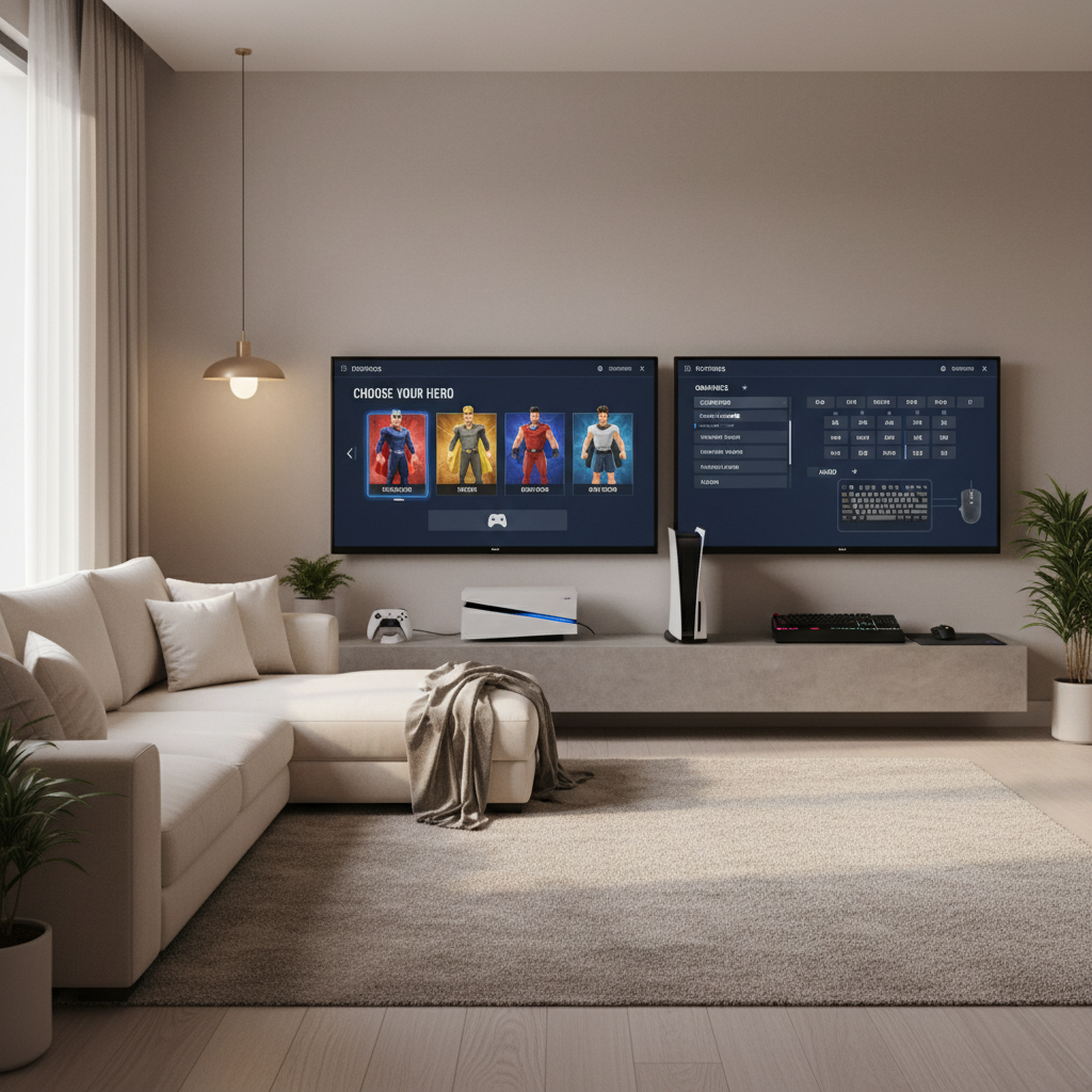 Living-room gaming setup comparing superhero games on console and PC