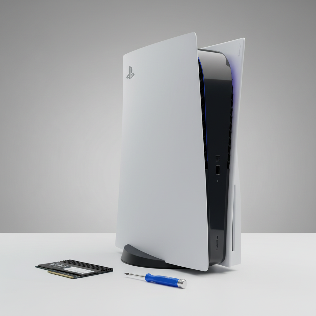 Close-up of a PS5 with an M.2 SSD installed and a screwdriver nearby for storage upgrade context
