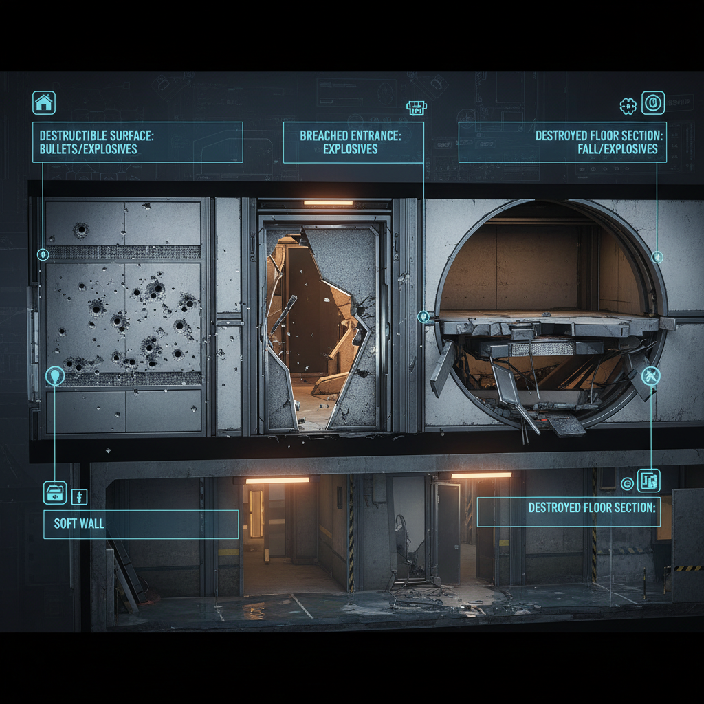 Comparison of destructible wall types in a tactical shooter environment