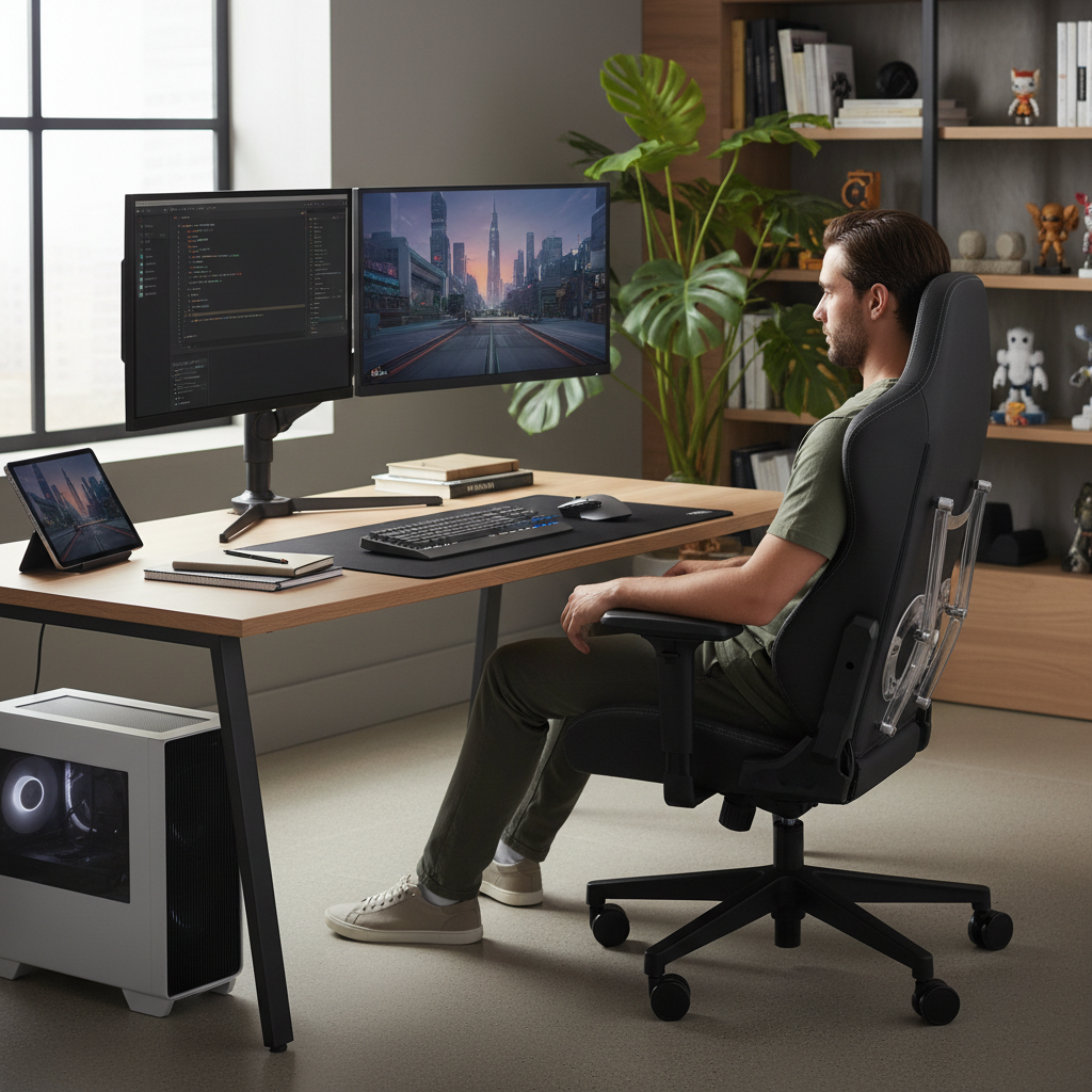 Gamer desk setup showing ergonomic sitting posture and chair adjustments