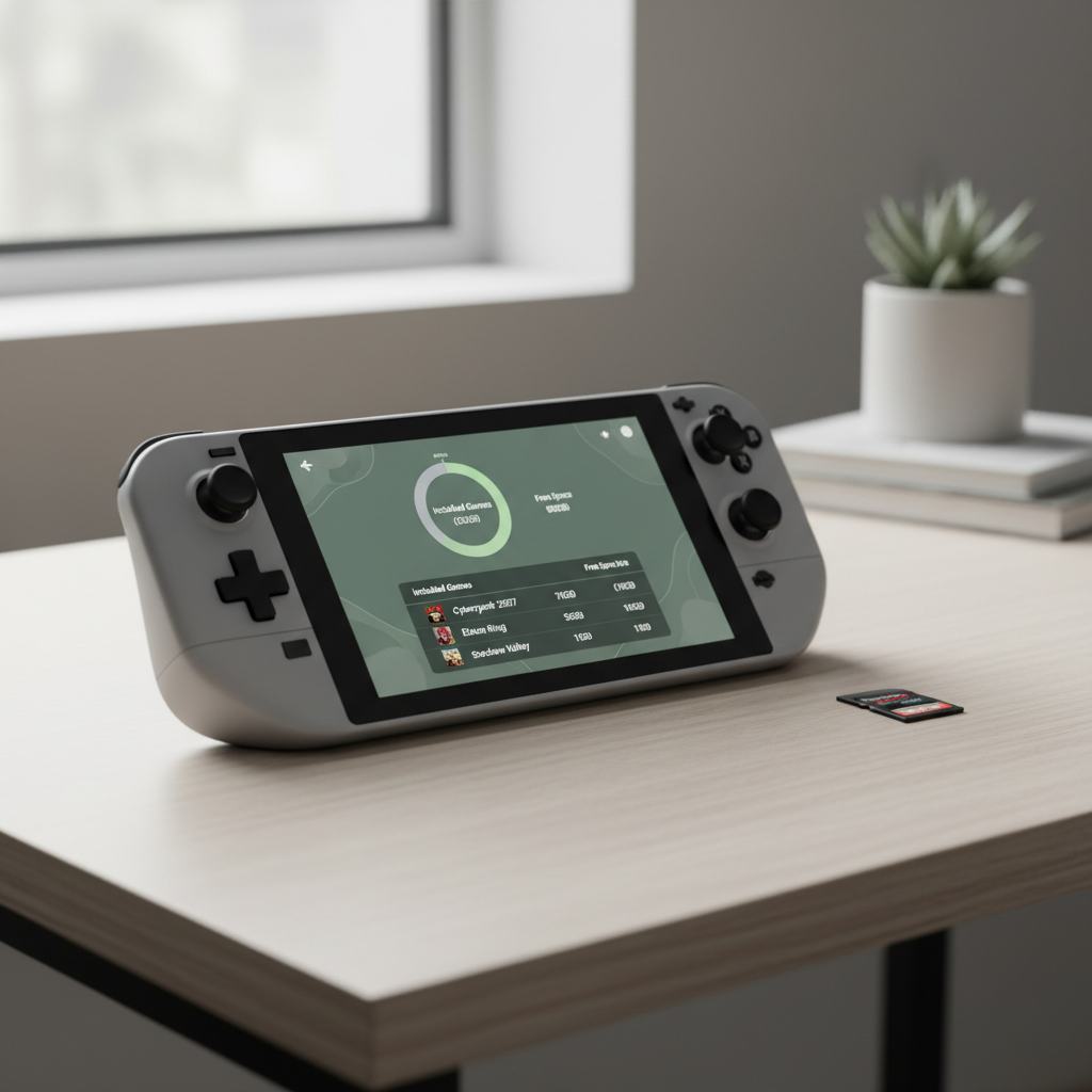 Steam Deck with microSD card and game library storage screen