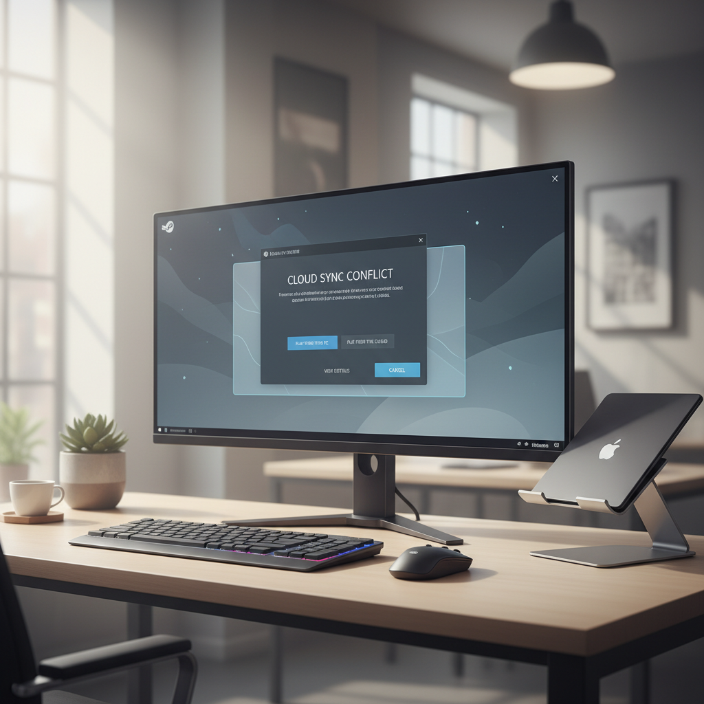 Steam Cloud sync conflict dialog on a PC monitor