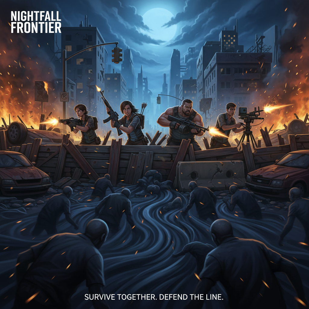 Co-op zombie horde mode survival team defending a barricade at night
