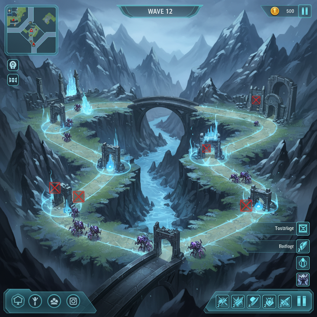 Tower defense map with terrain constraints and strategic choke points