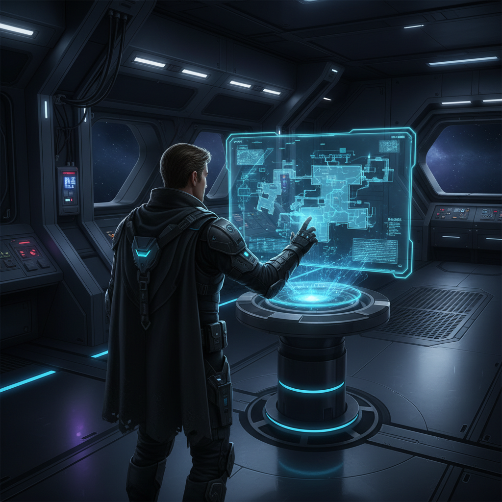 3D holographic map navigation in an action adventure game showing multi-level pathways