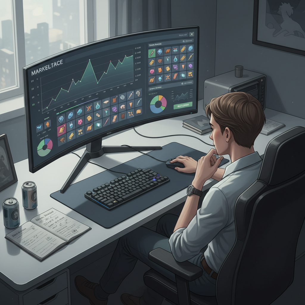 Player analyzing in-game market prices and crafting materials