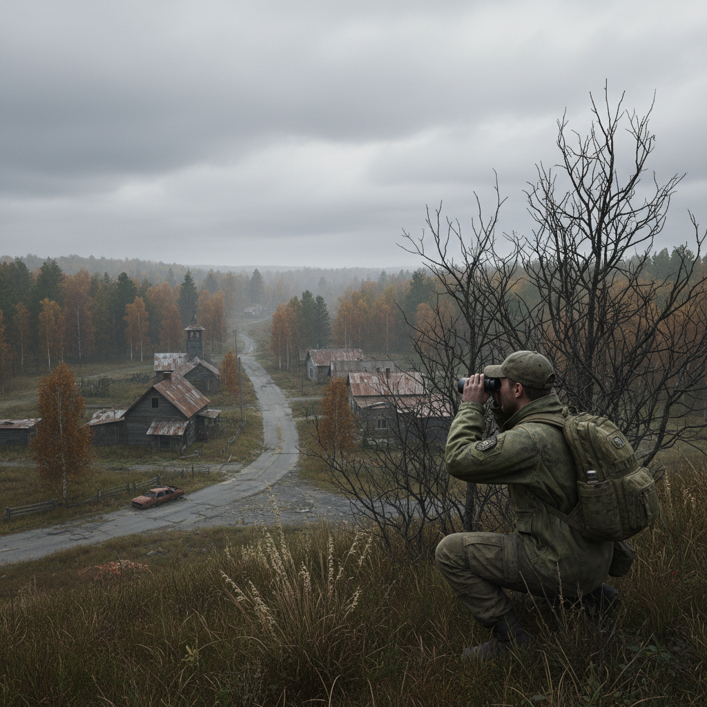 DayZ base scouting view overlooking a rural town and treeline for low-traffic building