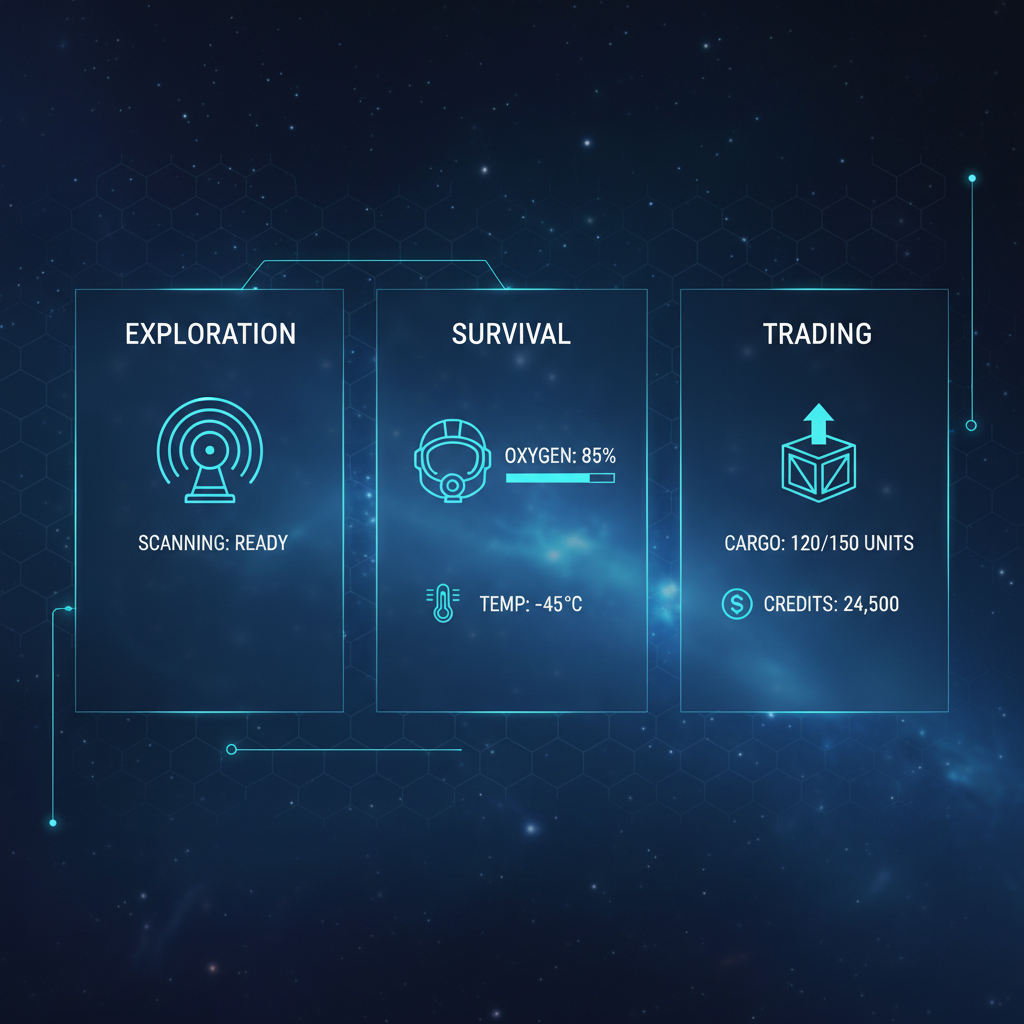 Player UI comparing exploration, survival, and trading playstyles in a space game