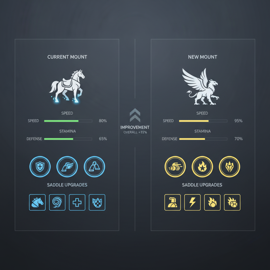 Game UI comparison showing mount stats, stamina bars, and saddle upgrades