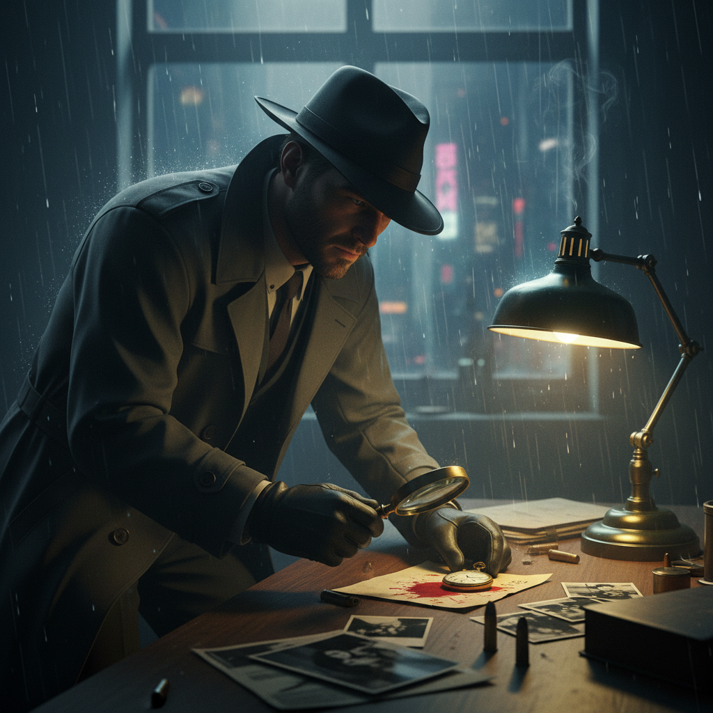 Player examining clues in a noir-inspired detective game scene