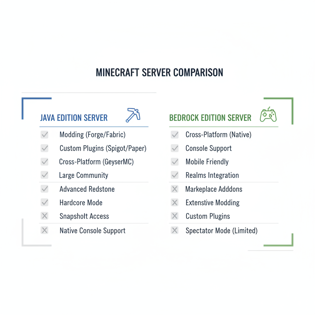 Comparison of Minecraft Java and Bedrock server options in a simple checklist view