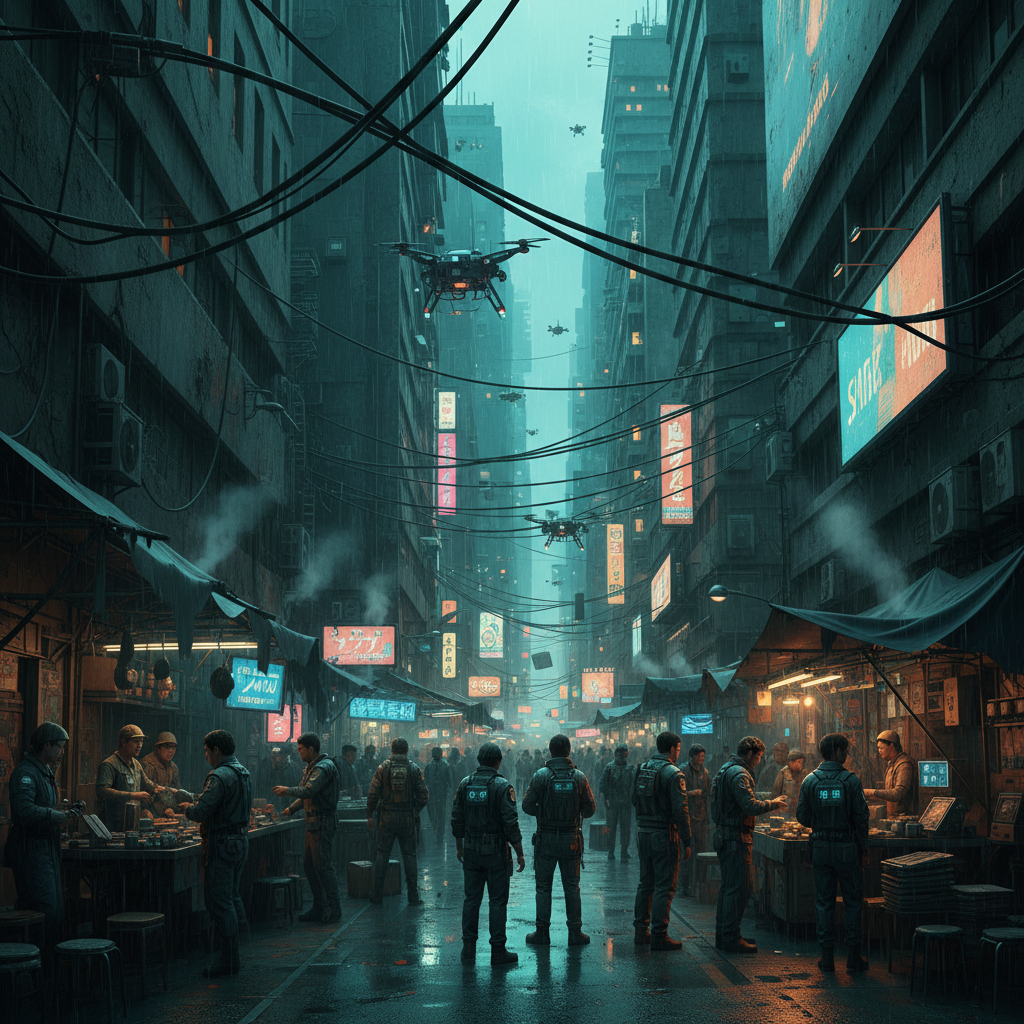 Post-cyberpunk city street with faded neon and improvised street market