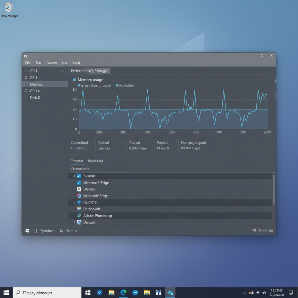 Windows Task Manager showing game memory usage and performance graphs