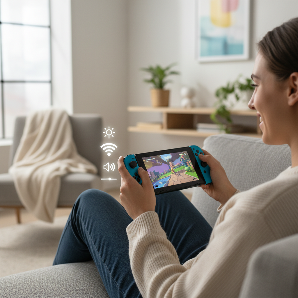 Nintendo Switch handheld play with brightness and Wi‑Fi affecting battery