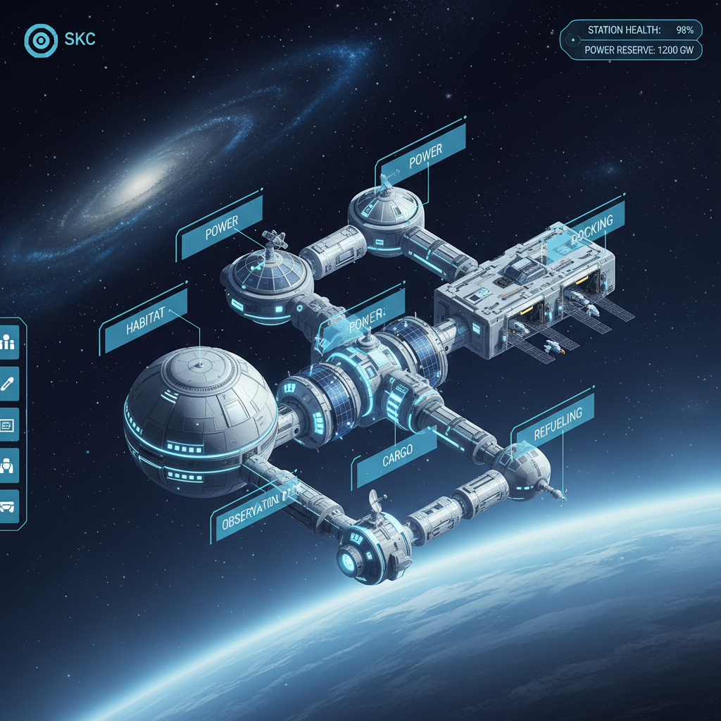 Space station building game overview with modular station layout