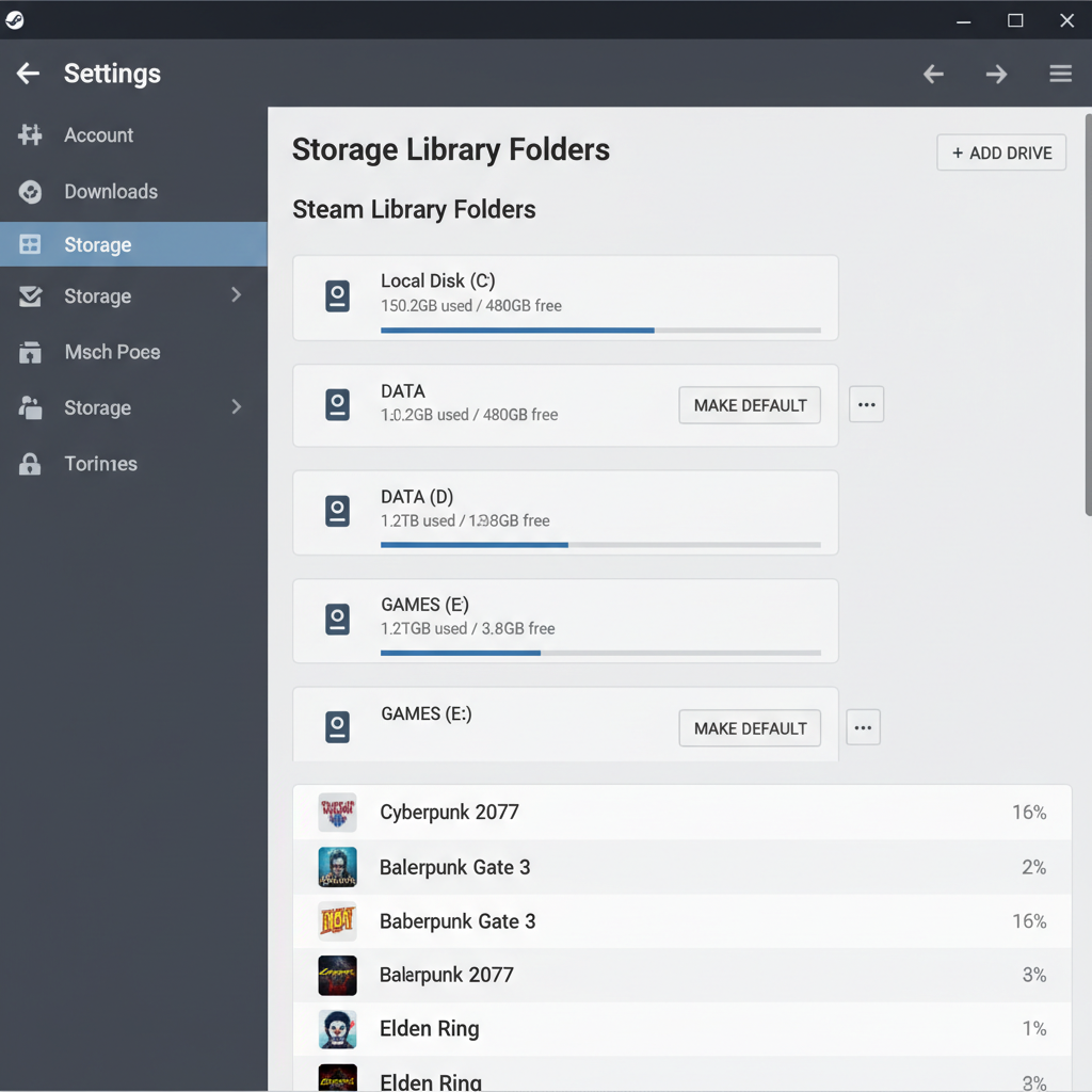 Steam Storage settings showing multiple library folders