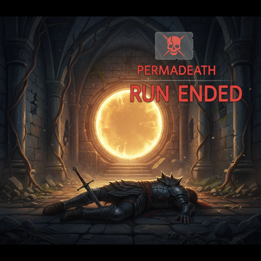 Permadeath dungeon crawler run ending on a dramatic defeat screen