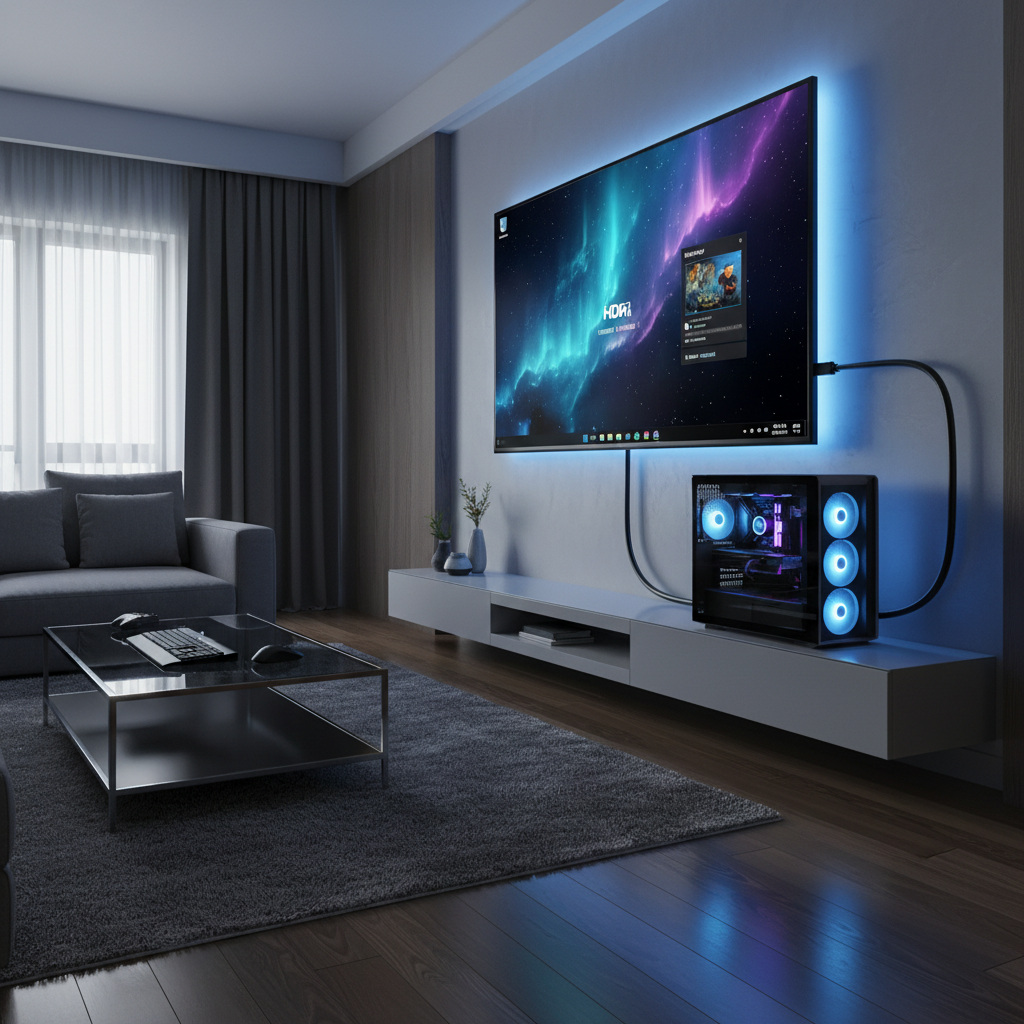 Gaming PC connected to HDR TV with HDMI 2.1 and Windows 11 settings concept