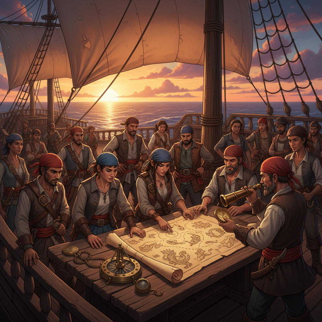 Pirate crew studying a treasure map on a ship deck in a stylized ocean adventure game
