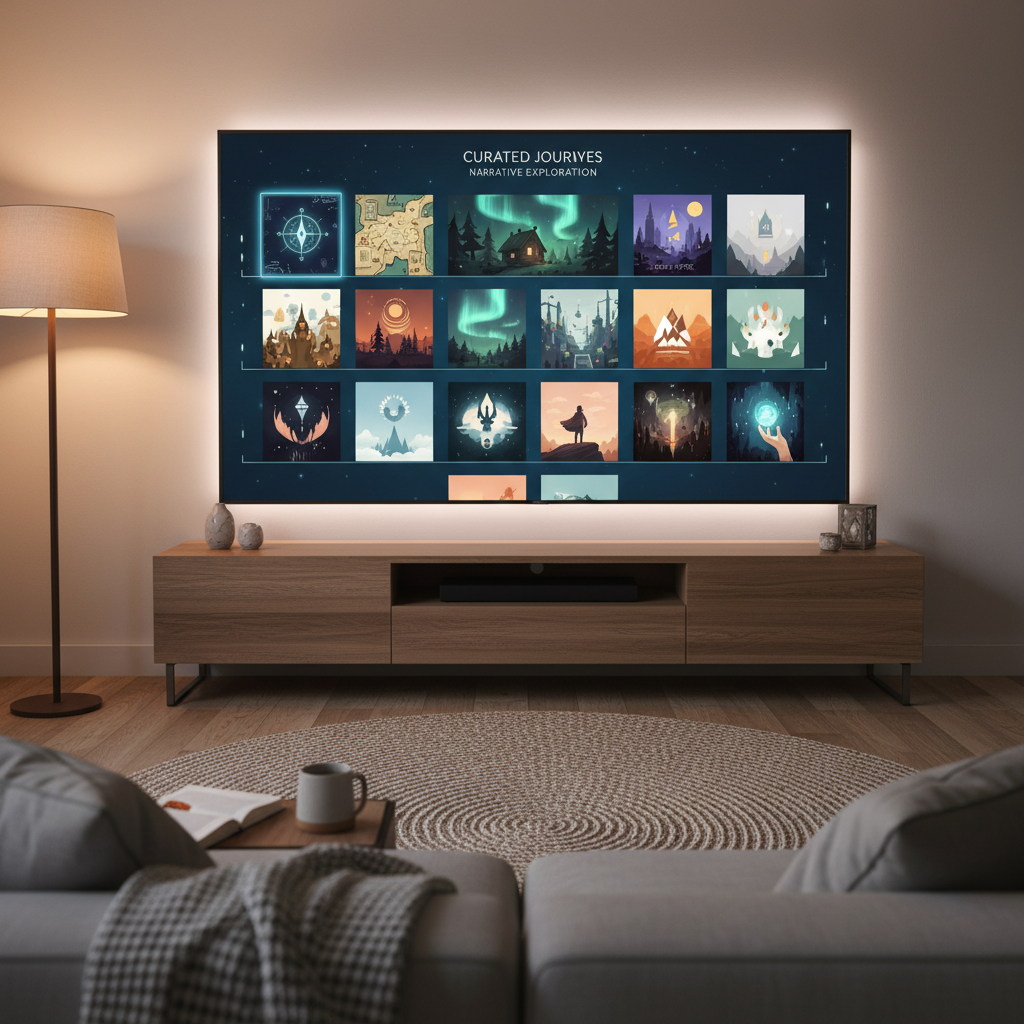 Curated selection of narrative exploration games shown as a modern library shelf