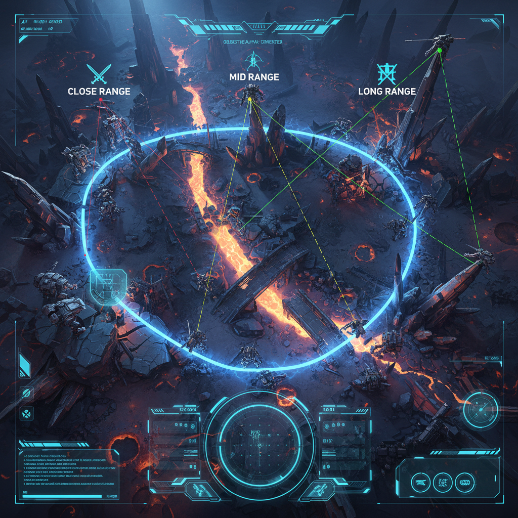 Mech combat positioning showing close, mid, and long range lanes