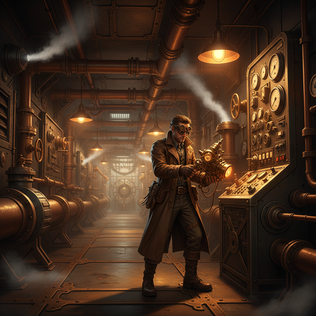 Steampunk player using gadgets and mechanical devices in an industrial corridor