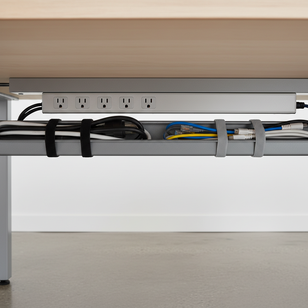 Under-desk cable management layout showing power strip mount, cable tray, and separated power/data lines
