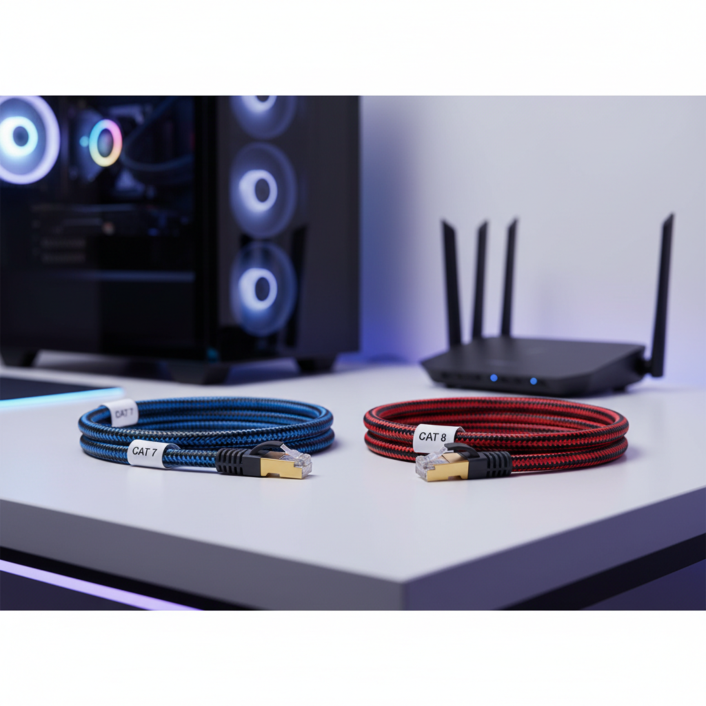 Cat 7 vs Cat 8 ethernet cable for gaming comparison on a desk