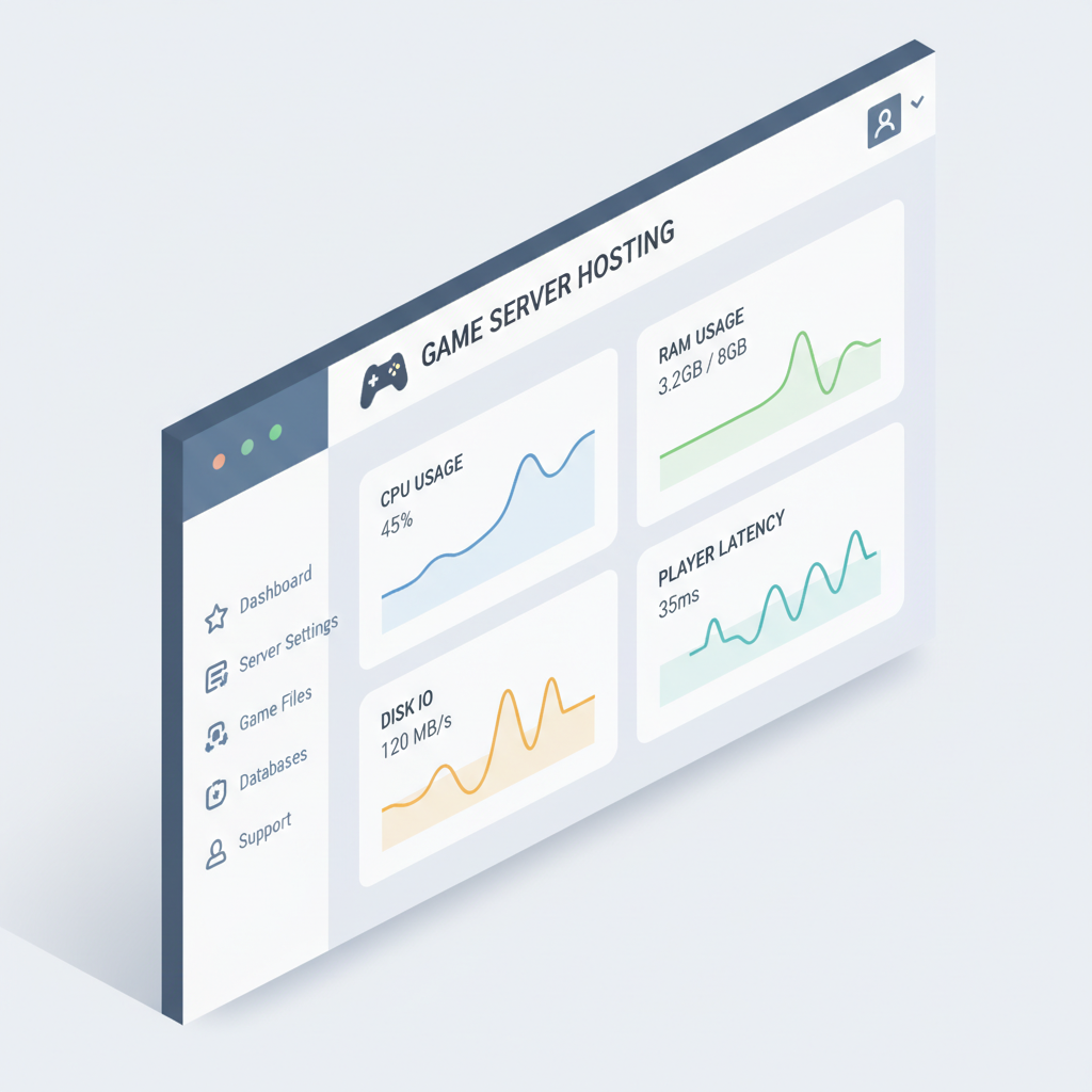 Small game server hosting dashboard showing CPU, RAM, and player latency