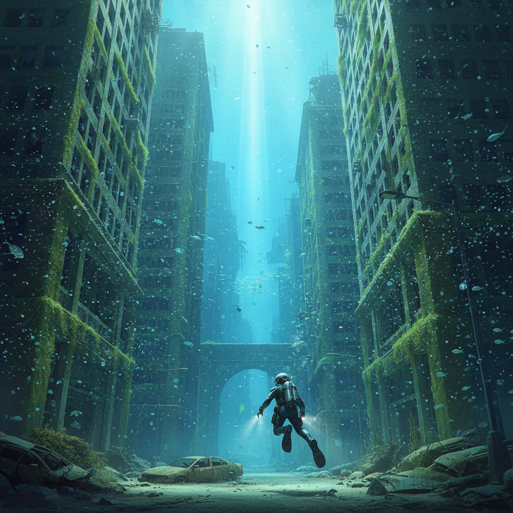 Underwater city ruins exploration in a video game environment