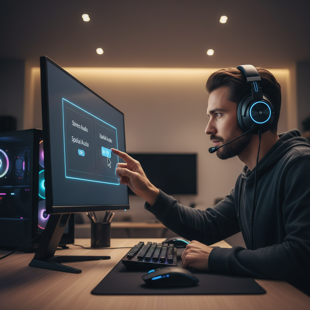 Gamer wearing headset testing stereo vs spatial audio for footsteps